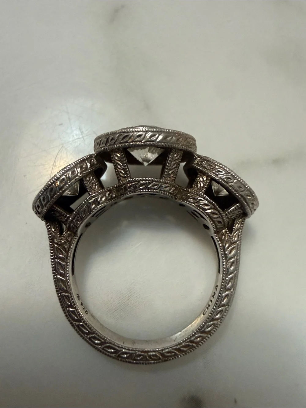Sterling silver triple setting halo ring with CZs, size 7